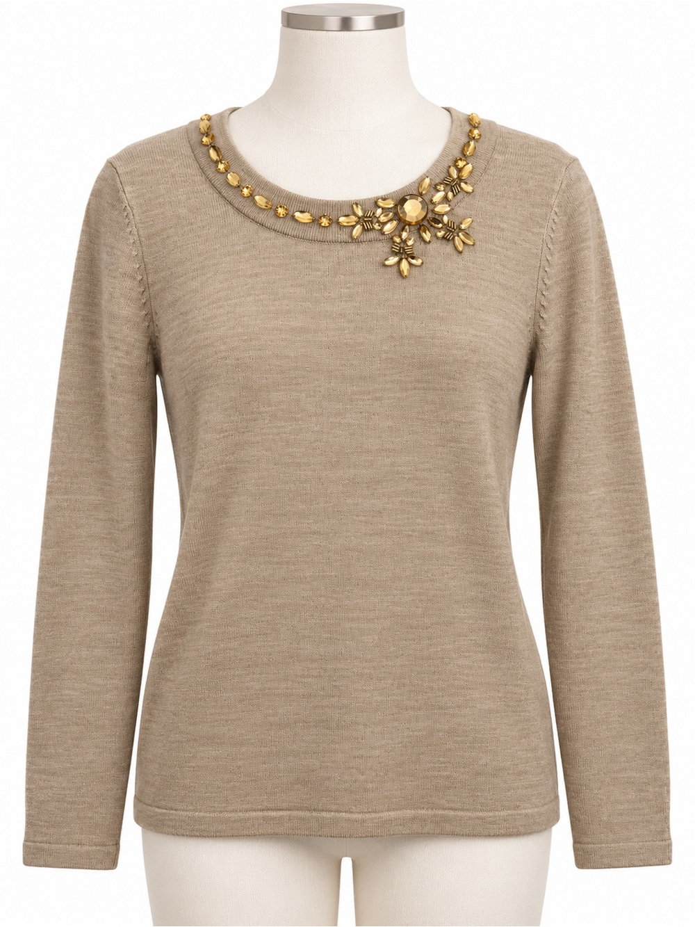 NWOT Tanjay Embellished Tan Jewel Sweater, Size Small, Women’s, Gold, Fancy